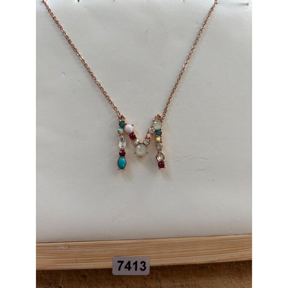 Personalized Letter M Necklace With Gemstones & Rose Gold Chain - Picture 2 of 9